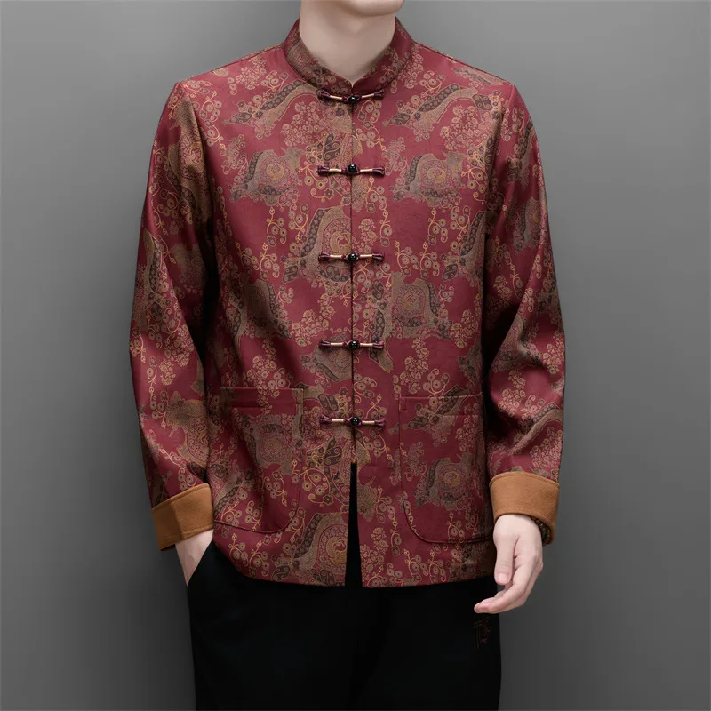 Frog Button Pockets Print Shirts For Men Long Sleeved Tang Costume Winter Quality Fleece Thick Softness Jacket Camisas De Hombre