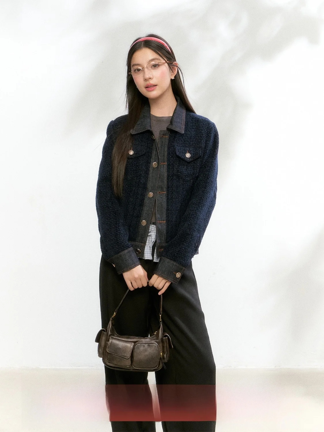 

FPMZ Denim Color Blo Waed Retro Simple Match Women's Jaet Autumn New Sle Stand Version Polyester Fiber Long Sve