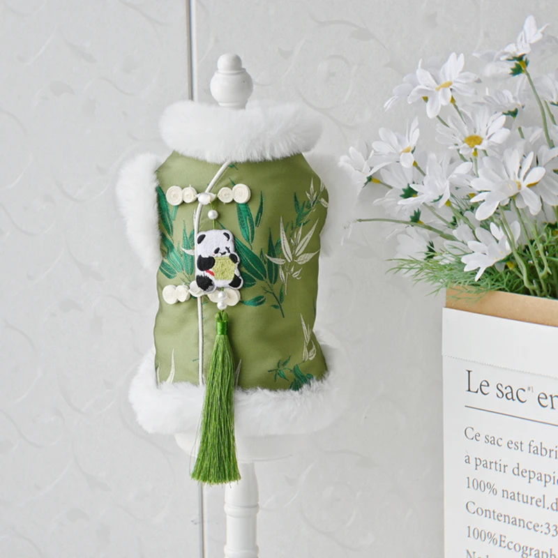 Chinese Style New Year Dog Clothes Bamboo Printed Panda Tassel Pendant Teddy Bichon Frise Pet Tang Suit Cotton Jacket For Winter - view 3