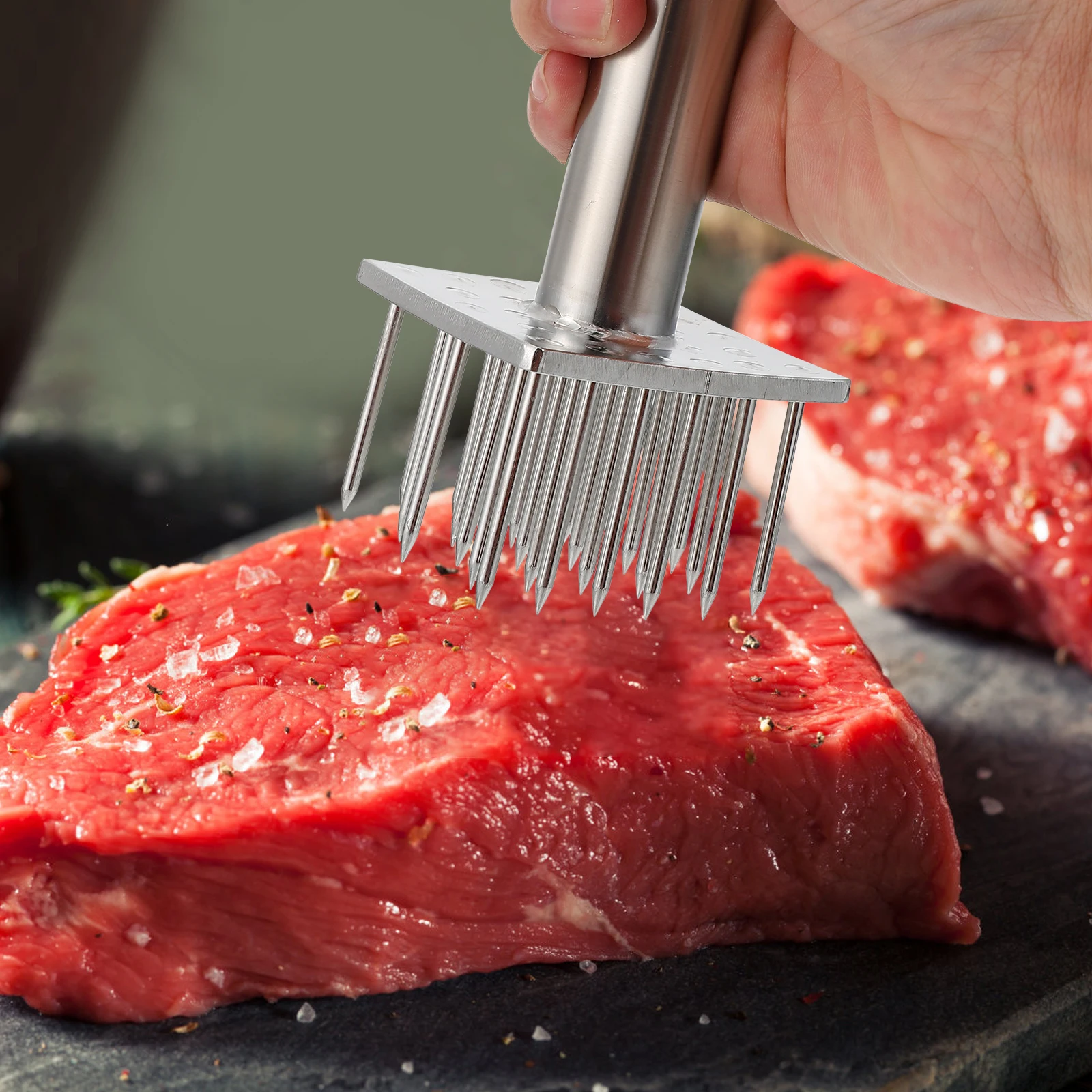 

1pc Stainless Steel Meat Tenderizing Tool Ergonomic Kitchen Supply For Beef Pork Steak Venison Fish Pounding Needle Household