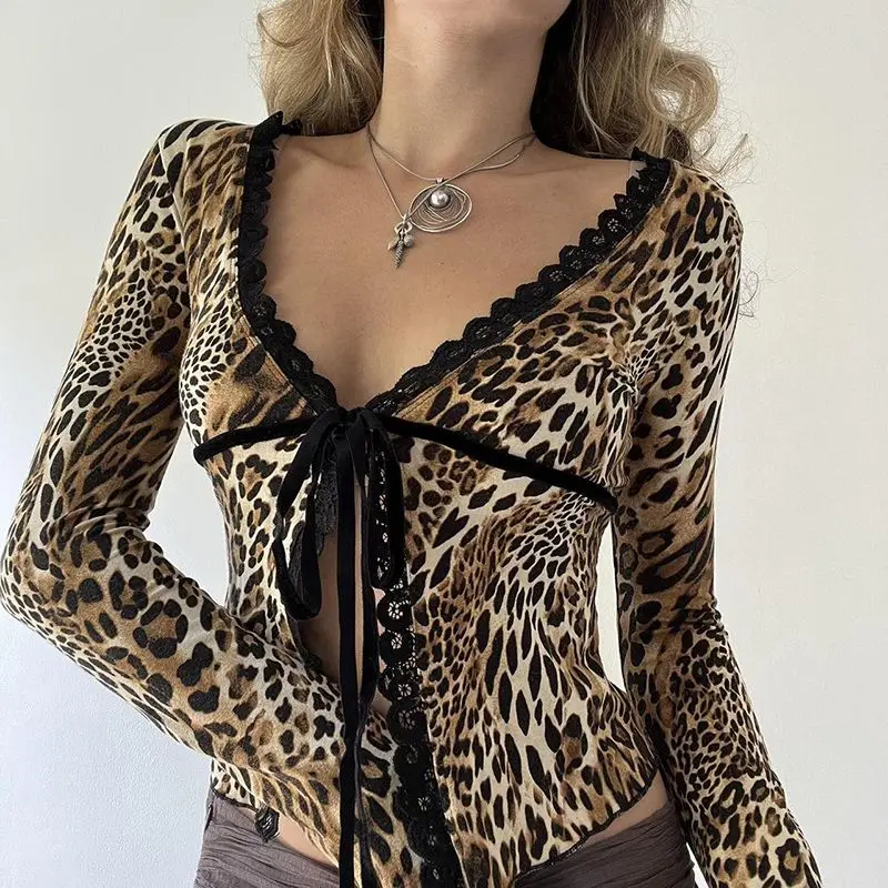 

T Shirt Leopard Lace Trim Bandage Split Slim Deep V-Neck Long Sleeve Tees Sexy Women 2024 Spring And Autumn Fashion Ladies