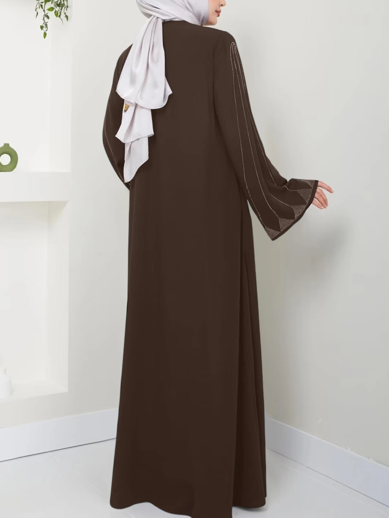 Muslim Fashion Women\'s Hot Diamond Long Sleeve Loose Coffee Style Elegant Dress