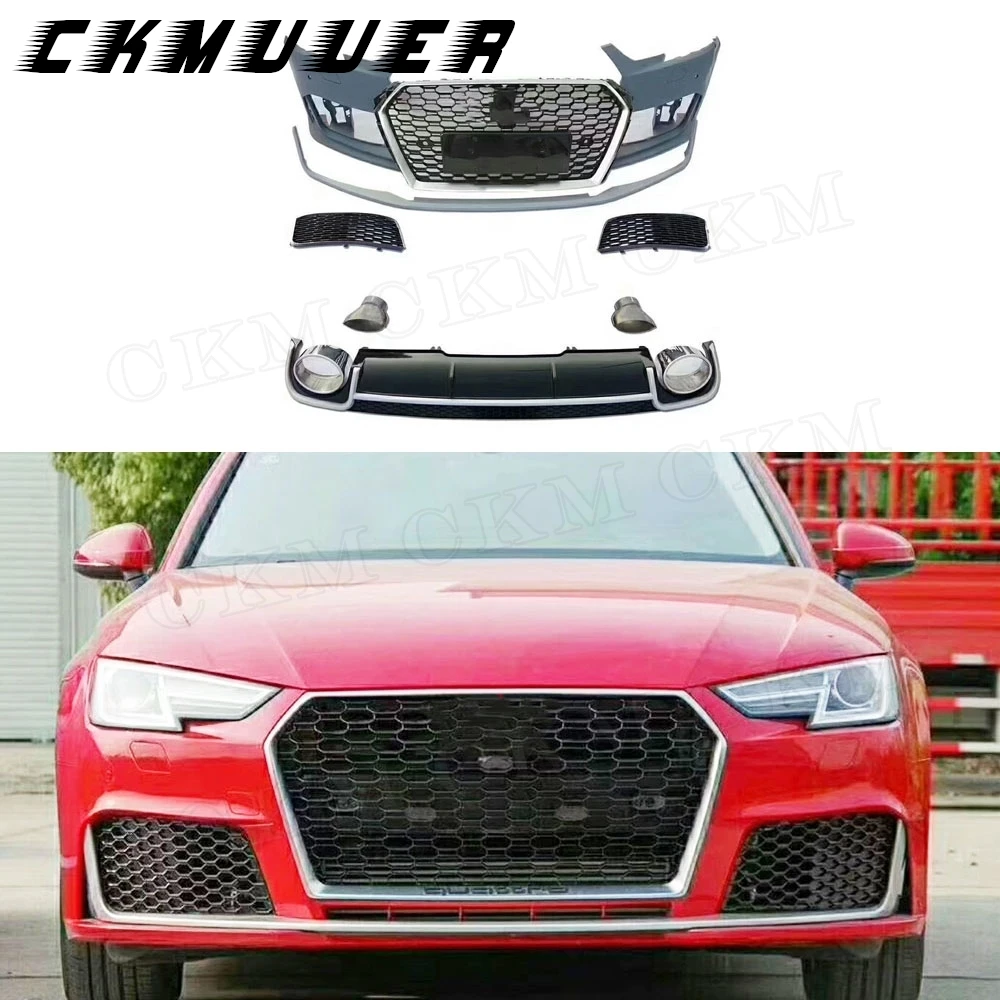 

CKMUUER Решетки переднего бампера из полипропилена для Audi A4 B9 RS4 2016 2017 2018, задний диффузор с насадками для выхлопных газов, комплект кузова гоночного автомобиля