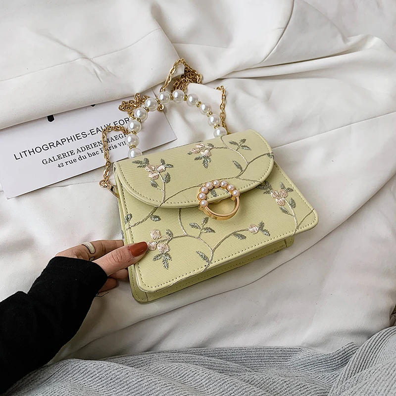 Women Crossbody Bag Flower Embroidery Pearl Chain Decor Pu Leather Female Shoulder Bag Spring Summer Fashion Flap Handbag