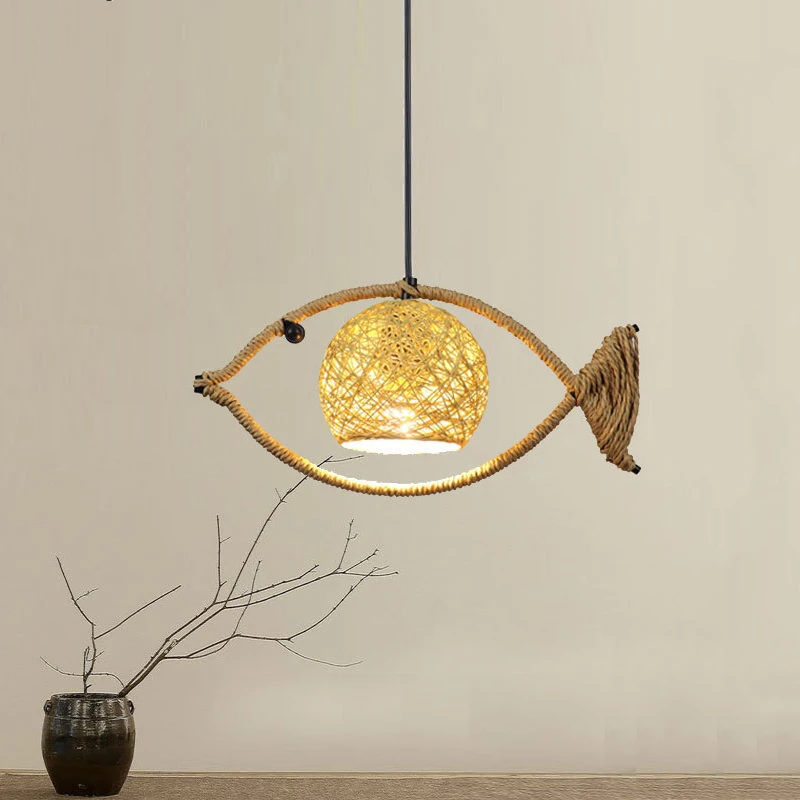 Chinese Fish Shaped Hemp Rope Chandelier Dining Room Kitchen Pendant Lamp Restaurant Hotel Home Deco Bar Lamps