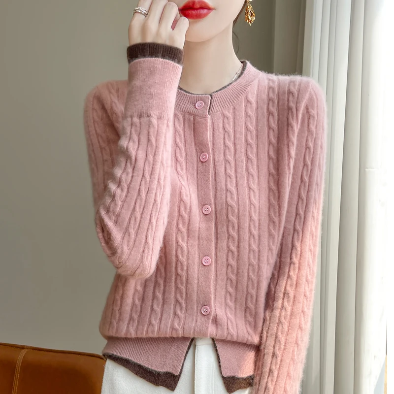 Color Contrast Short 2024 New Fried Dough Twists Heavy Industry Knitting Sweater Cardigan Autumn Winter Round Neck Lazy Coat Top