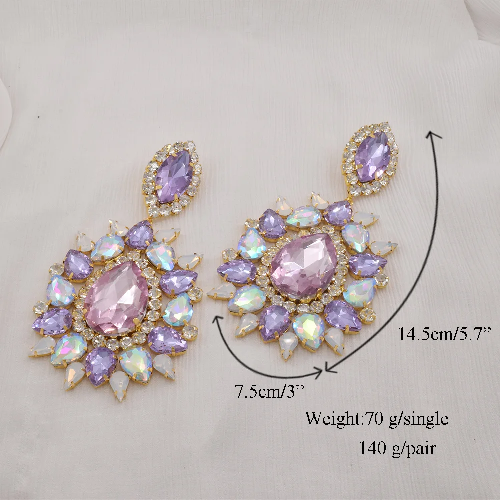 140g Weight Huge Earring Clip on14.5CM Elegant Purple Crystal Women Pink Drop  Fashion Jewelry for Beauty pageant Drag queen