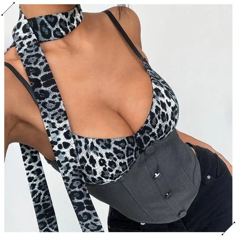 Women's Leopard Print Contrast Halter Crop Top, Deep V Neck, Button Closure, Sleeveless, Open Back Tank Top