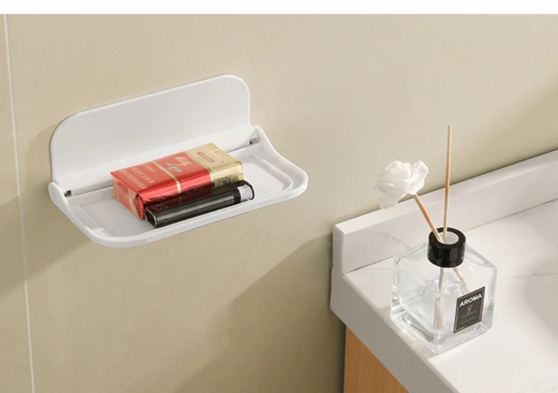 Klappbares, an der Wand montiertes Regal, platzsparend, faltbares Lagerregal, stanzfreier Telefonhalter, WLAN-Router, Ablagefach, Badezimmer-Organizer – Detail 2