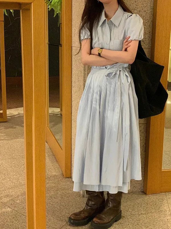 High Quali Loose Bubble Sve ort Dr irt Long Pleated Skirt Maxi Dr Commute Sle Artificial Silk Spring Dr