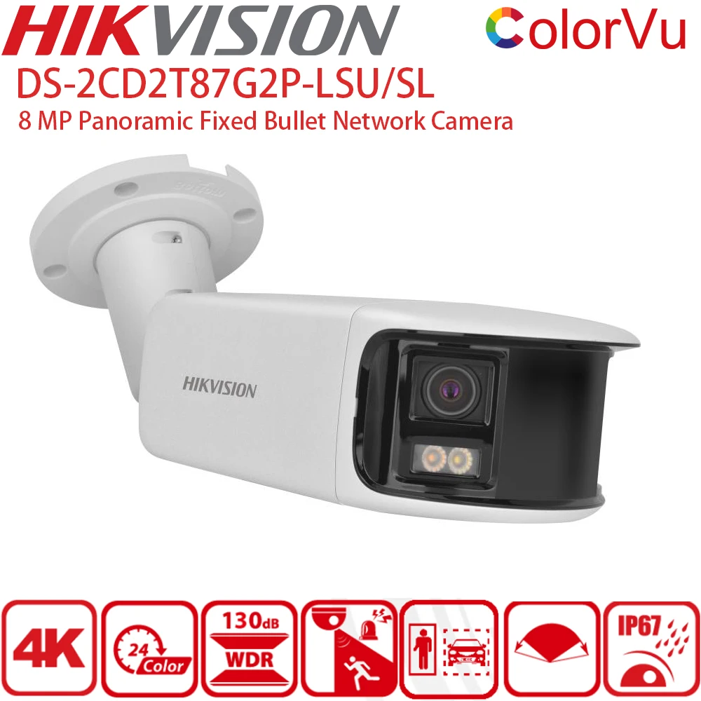 

Hikvision 8MP 180° Panoramic Bullet IP Camera 4K Outdoor ColorVu Alarm DS-2CD2T87G2P-LSU/SL Active Strobe Light Audio Alarm