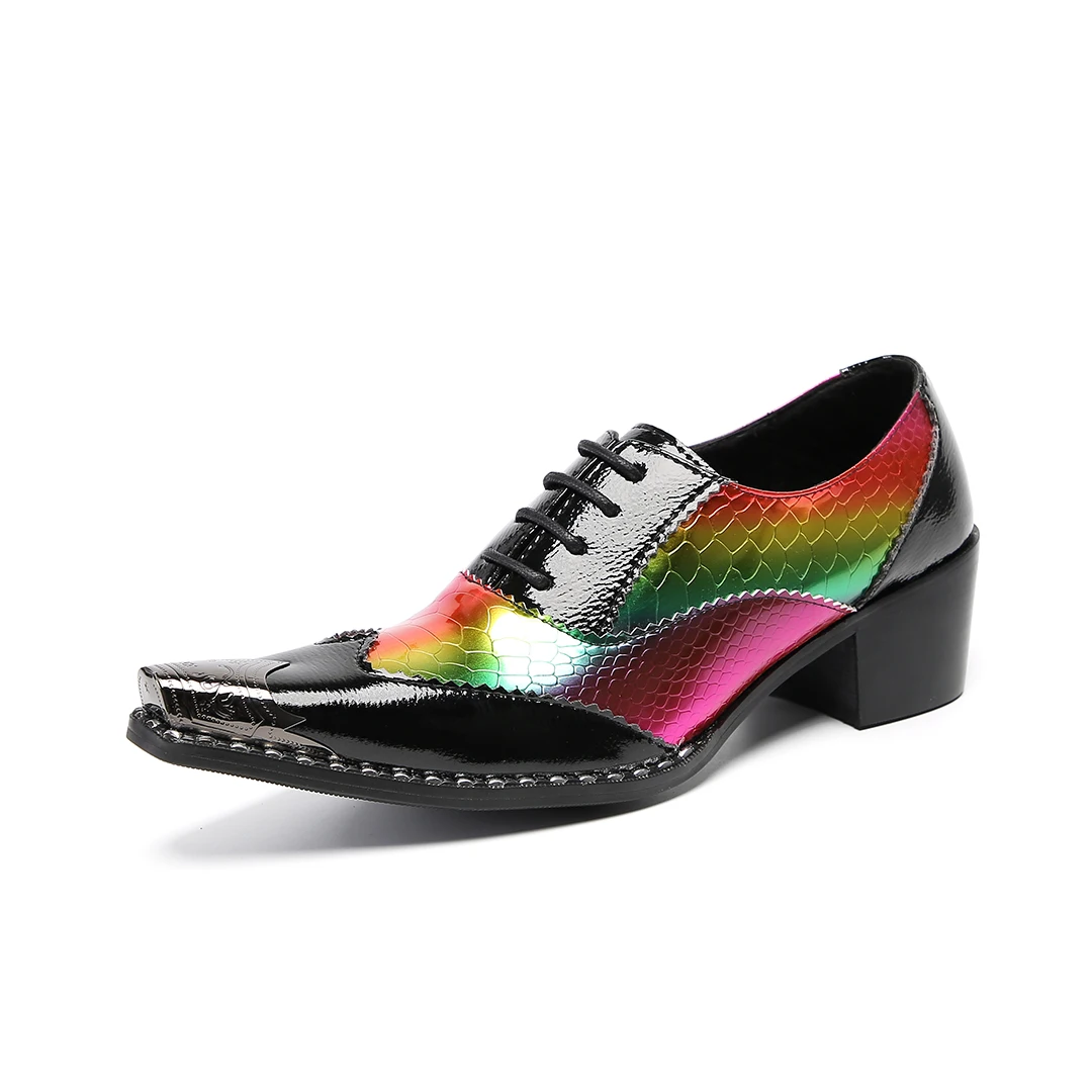 talian Style Men Genuine Leather Dress Shoes Rainbow Holographic Snake Pattern Metal Pointed Toe Block Heel Lace‑up Oxford Shoes