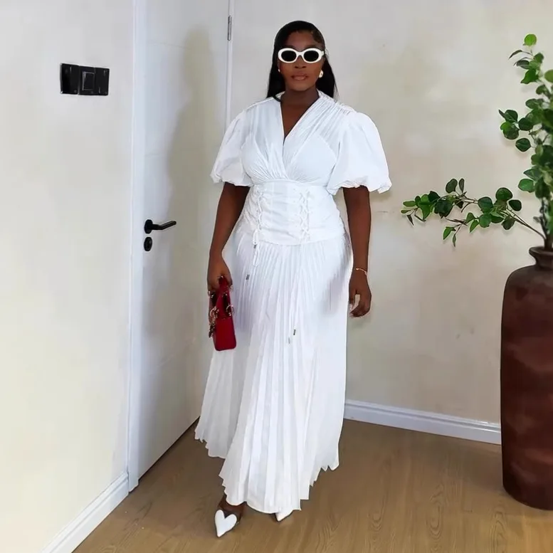 

Women Dresses Pleated Tight Waist Bandage Puff Sleeve Long Dress Elegant A Line Solid Vestidos Folds Party Summer 2025