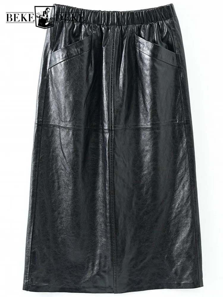 Leisure Ladies Top Quality Genuine Leather Fashion Pockets Straight Skirt Versatile Solid Color Sheepskin High Waist Skirts