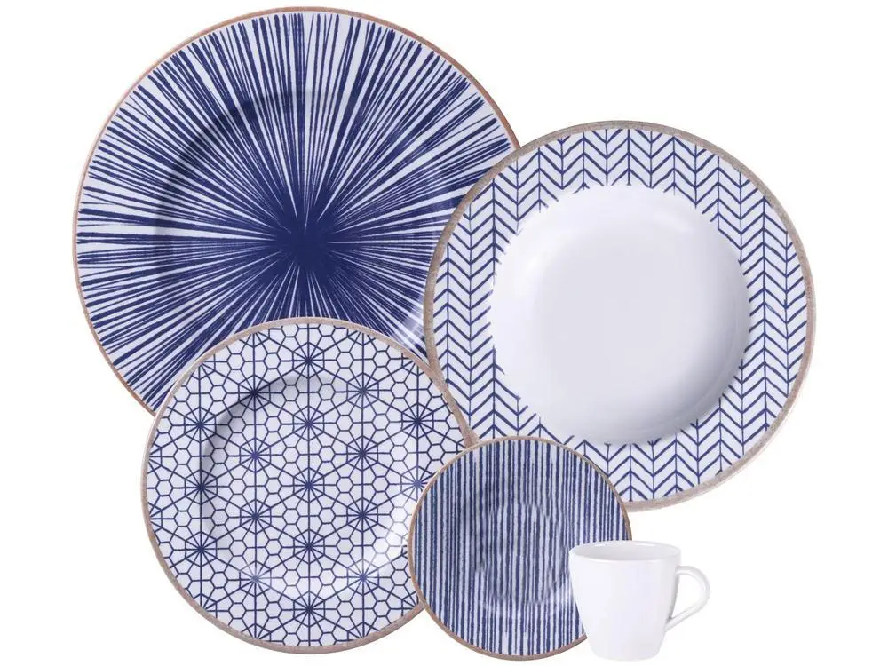 Aparelho de Jantar Chá e Café 20 Peças Tramontina Redondo de Porcelana Branco e Azul Abstratta 96589048