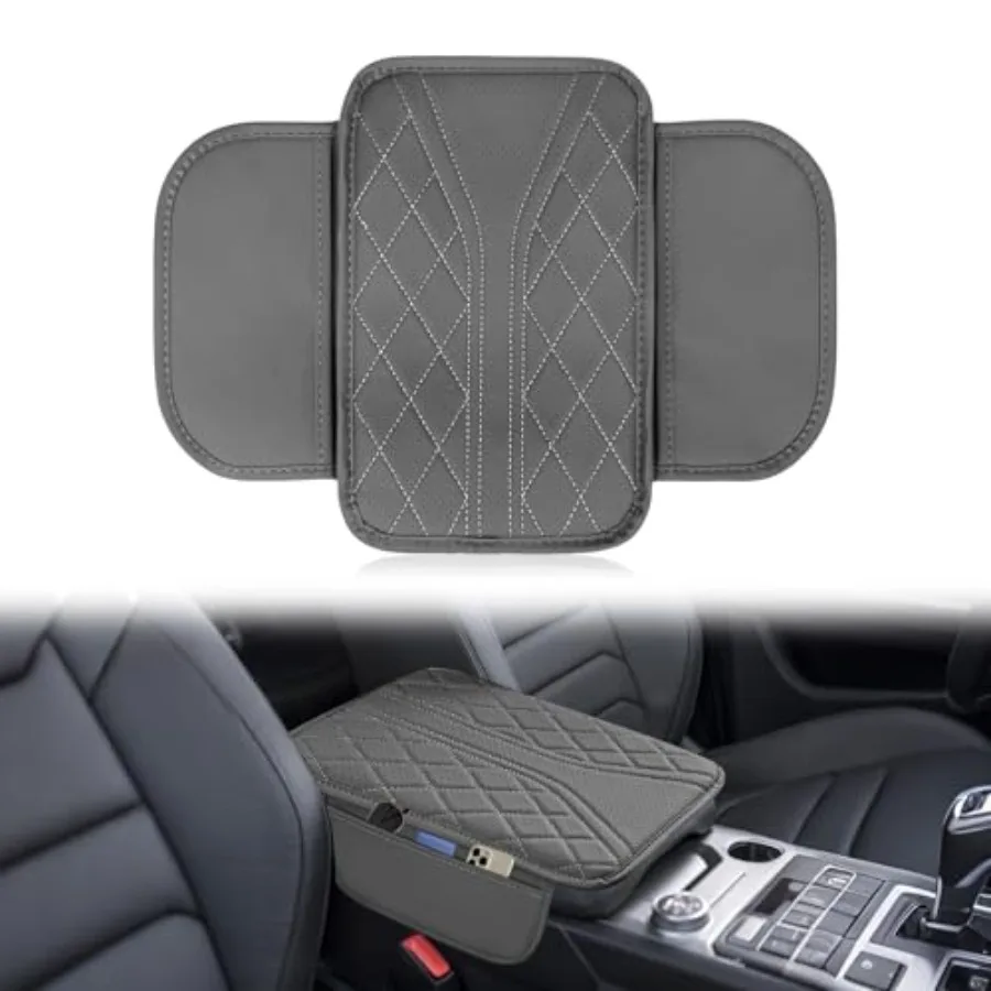 

Universal Leather Armrest Cover for Small Cars - Center Console Cover with 2 Storage Bags Anti-Scratch Waterproof Armrest Cushi