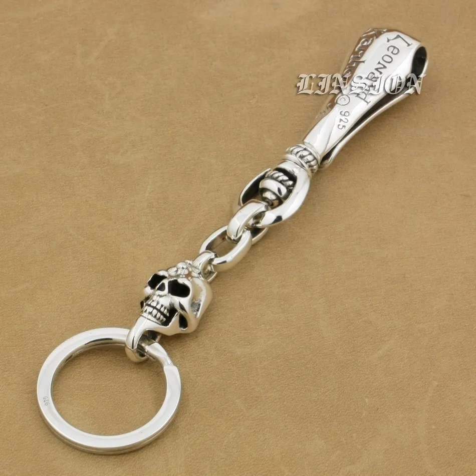 925 Sterling Silver Unique Skull KeyRing Punk Keychain Belt Clip DIY Accessories 9T013