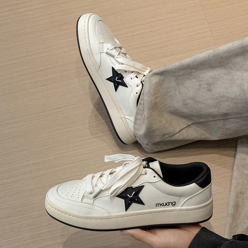 Men Star Skate Sneakers Pu Leather Lace‑Up Low‑Top White‑Black Contrast Non‑Slip Street Daily Walking Casual Mens Footwear
