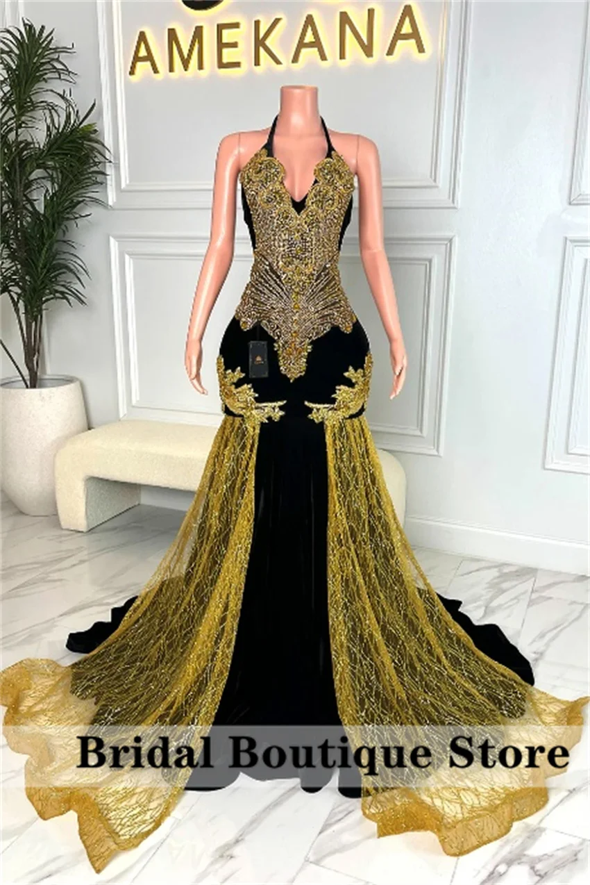 

Sexy Halter Crystal Black Mermaid Prom Dresses for Black Girl Gold Diamonds Luxury Long Prom Gala Gowns for Birthday Customized