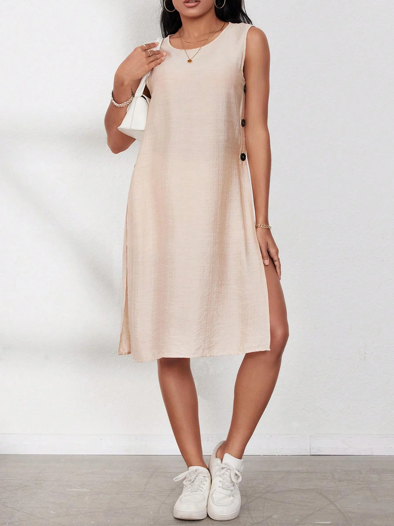 

Women's Modern Sleeveless Cover-Up Top, Summer Fashion Button Shirt, High Slit Waist Design, Perfect for Beach Pool Daily Wear