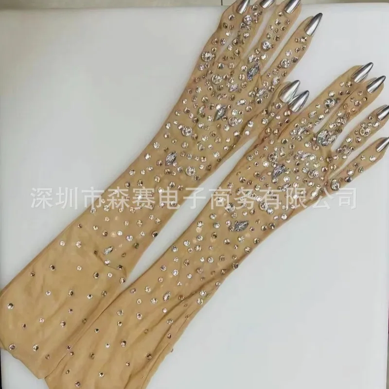 Super Shimmering Flesh Colored Mesh Full Diamond Gloves, Singer Drag Queen Decorative Gloves, Popular Gloves