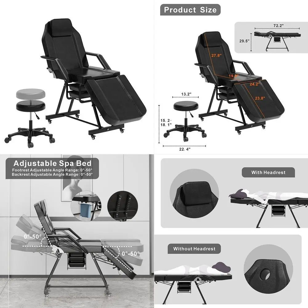 

Table Tattoo Chair with Hydraulic Stool, Facial Bed with Wheels, MultiPurpose Adjustable Spa Bed with Trays,Towel Hanger for Sp