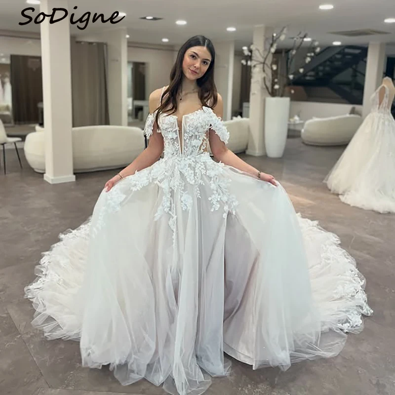 

SoDigne A-Line Lace Appliques Wedding Dress Sleeveless Tulle Women Bride Dresses Split Long Bridal Gown Customized