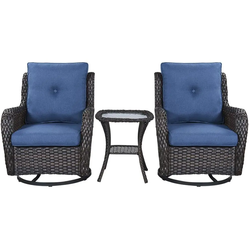 

3-Piece Swivel Rocking Patio Furniture Set with Rattan Rocking Chairs and Glass Top Side Table for Outdoor Garden Deck (Brown/Bl