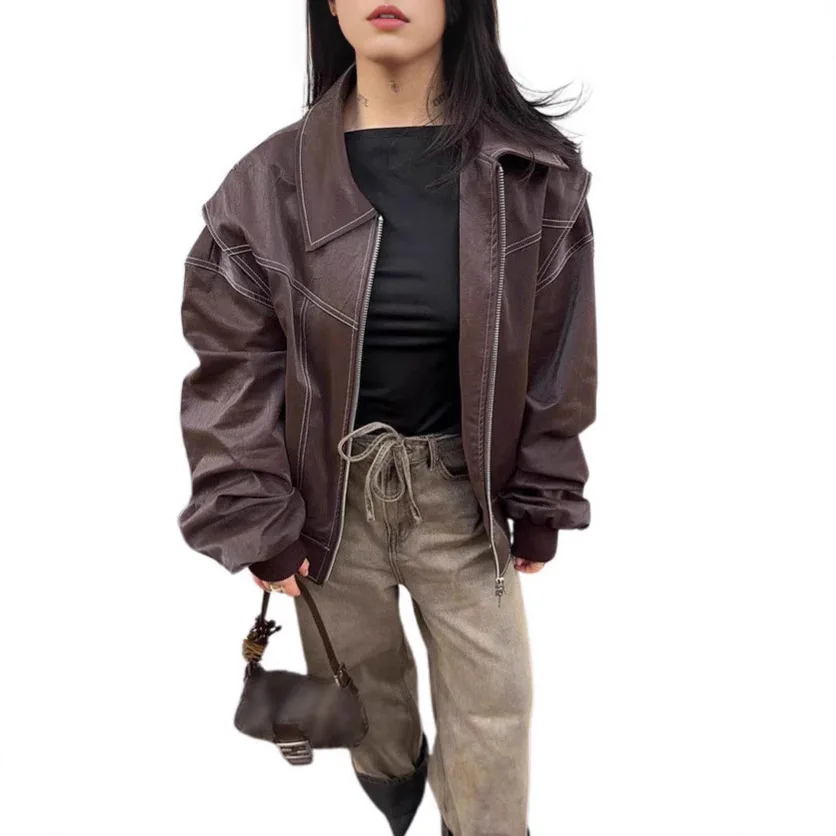 Chaquetas de piel sintética para mujer, abrigos holgados con cuello vuelto y cremallera lisa, cárdigan de calle empalmado de manga larga con cremallera para otoño