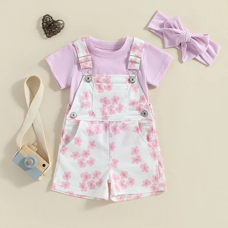 

Baby Girls Shorts Set, Short Sleeve T-shirt with Flower Print Suspender Shorts Overalls and Headband Summer Outfit