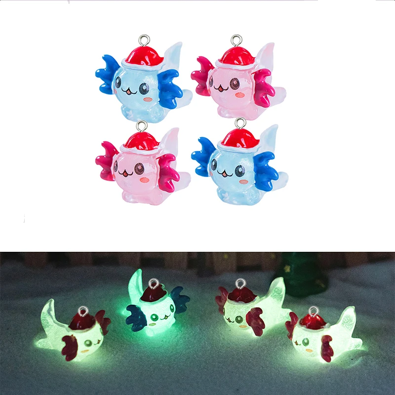 10Pcs Luminous Resin Axolotl Charms Kawaii Cartoon Christmas Hat Hexagon Dragon Pendant for Earrings Bracelet DIY Jewelry Making