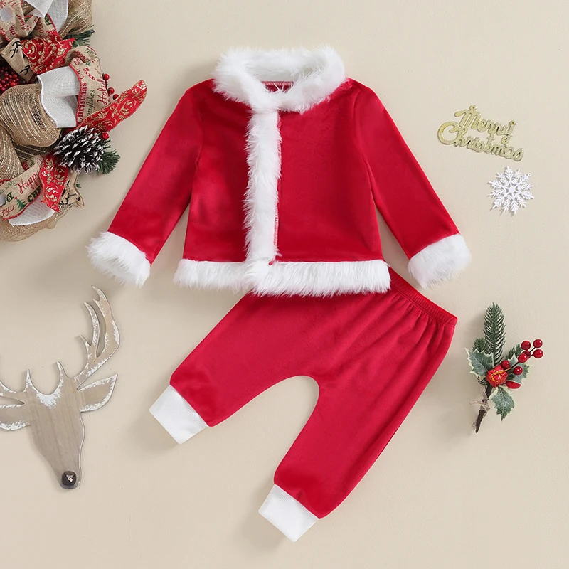 

Suefunskry Baby Girls Boys Christmas Outfits Plush Patchwork Long Sleeve Coat Elastic Waist Pants Santa Claus Cosplay Costume