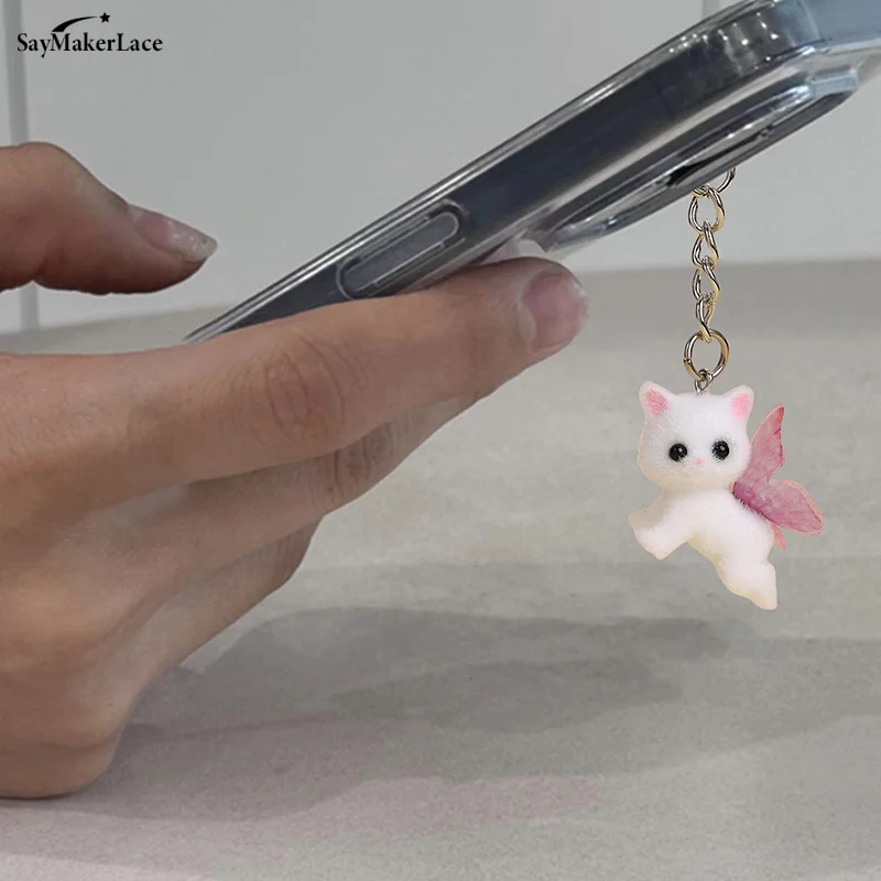 Niedliche beflockte Katze mit rosa Schmetterlingsflügeln, Schlüsselanhänger, 3D-Anhänger, Kopfhörer-Hülle, Charm, Tasche, Dekor, Auto-Schlüsselanhänger, Schmuck, Geschenk