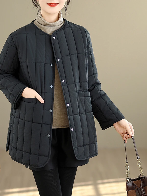 ファッショナブルな格子縞ステッチコットンジャケット、ロング丈、ラウンドネック、ミドル丈、大きいサイズ、レディース冬用コート、韓国風、ゆったりフィット