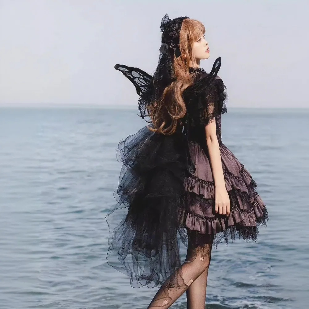 أسود لوليتا أجنحة الجنية الفراشة زي مع عودة تول تراكب للنساء الفتيات هدايا عيد الميلاد عيد الهالوين التصوير الدعامة