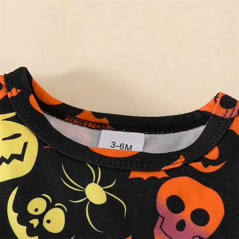 Conjunto de Halloween de 3 piezas para niña, abrigo de manga larga con volantes, vestido sin mangas con estampado de murciélago de calabaza, diadema, trajes