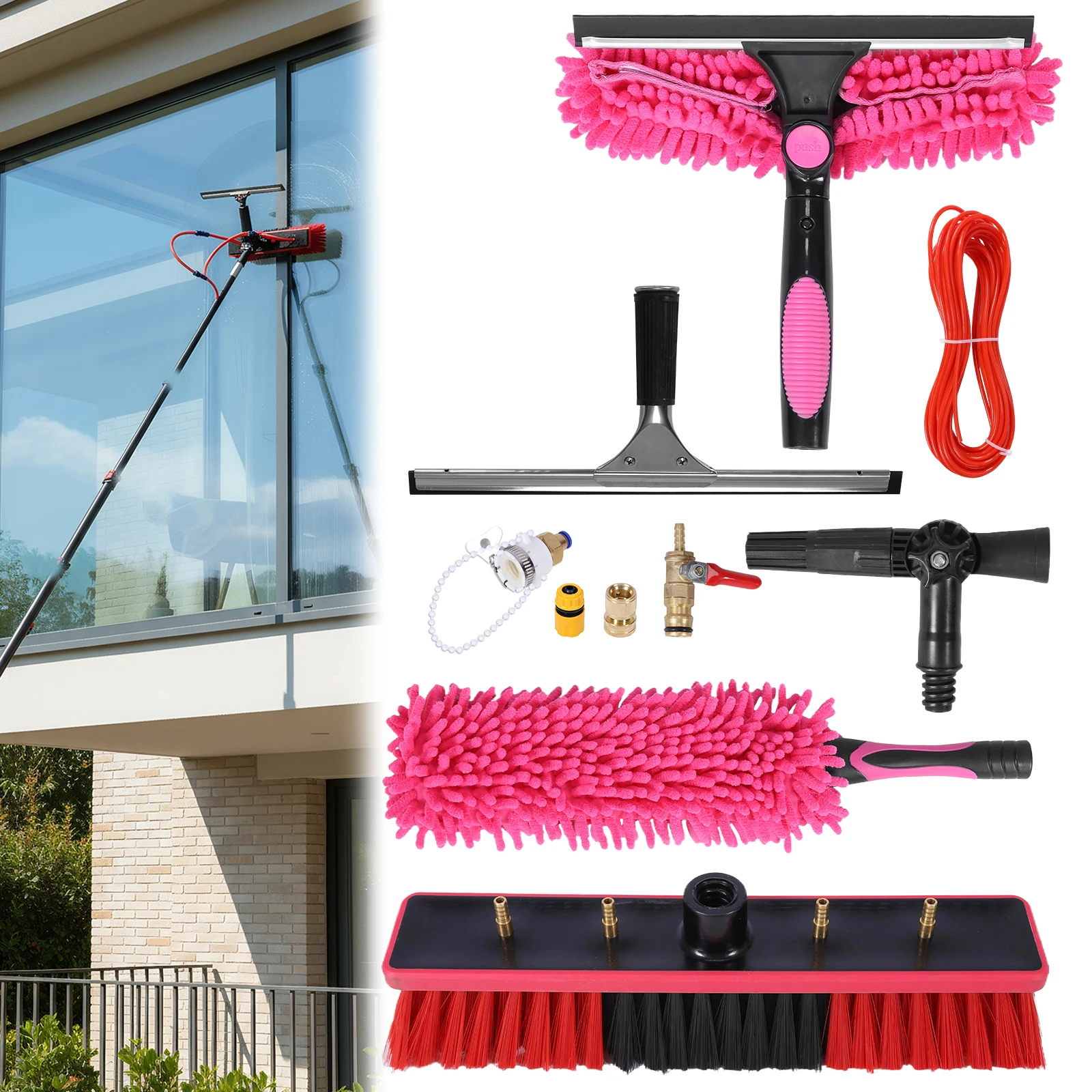 

1.76-10.8M Extended Window Cleaning Kit 2 in 1 Double Sided Glass Squeegee Cleaner Duster Mop 180° Swivel Cleaning Tools For Lig