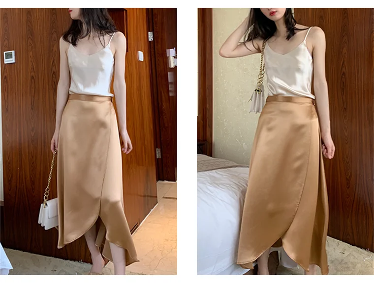 2026 Summer Lace-up One Piece Long Skirts High Waist A-Line Skirts Autumn Office Ladies Black Silk Satin Long Skirts Vestidos