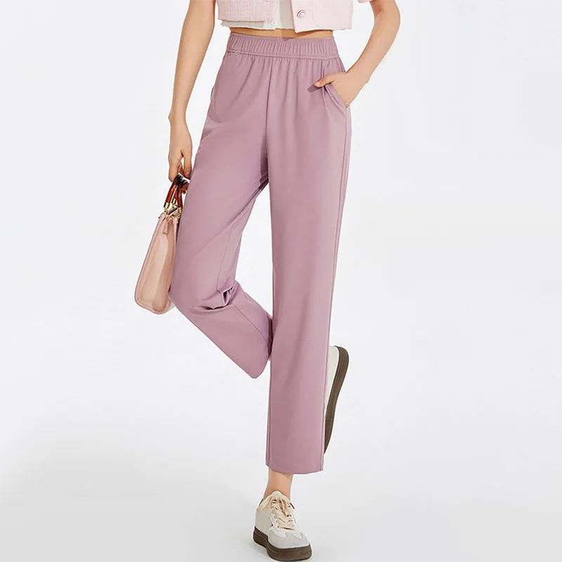 Women Casual High Waist Pants Candy Color Spring Summer Fashion Streetwear Female Straight Ankle Trousers Silk Breathable Pants