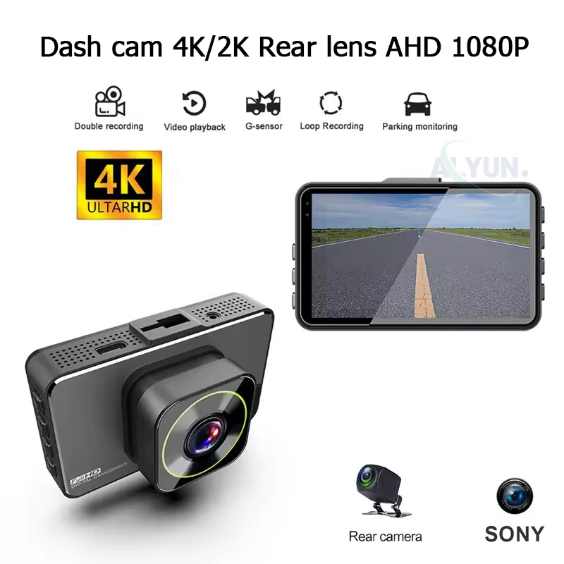 HD 2K 4K 3Inch IPS Dash Cam Car DVR G-sensor Front Rear Wide Angle Night Vision Black Box Akcesoria samochodowe Rejestrator wideo