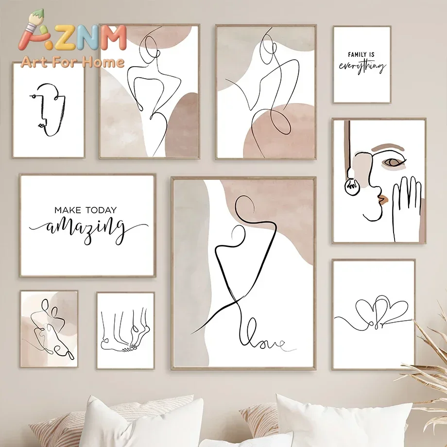 1pc frameless Canvas Painting Abstract Line Heart Lady Pink Color Block Minimalist Wall  Print Canvas Painting Posters for Livin