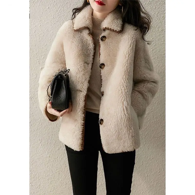 

2024 | Heavy Industry Edge | Sheep Sheared Fleece Fur One Piece Coat for Women's Winter New Warm Polo Collar All Wool Fur