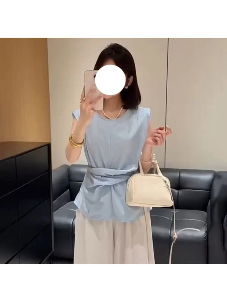 

Ele Pleated Svel round Ne Vest Women's Faion Slimming Top Korean Sle Commute Thin Polyester Fiber Summer New