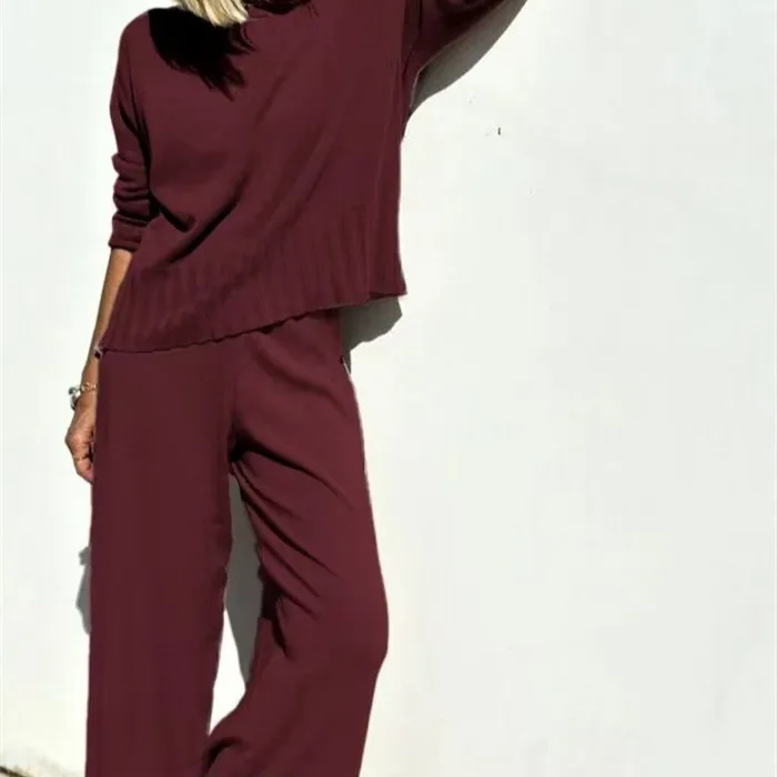 Casual Knit Wide Leg Pants Set - close-up view