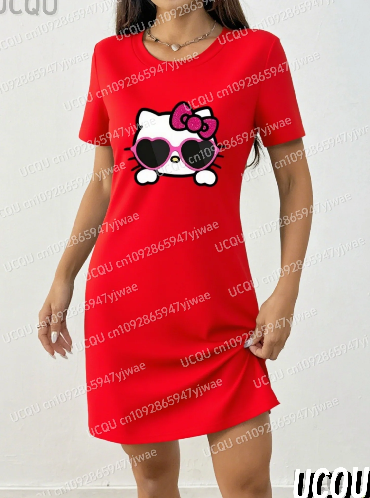 Letnia sukienka damska T-shirt 2025, luźna, codzienna, z nadrukiem HELLO KITTY, dekolt okrągły, damska sukienka z krótkim rękawem, odzież damska