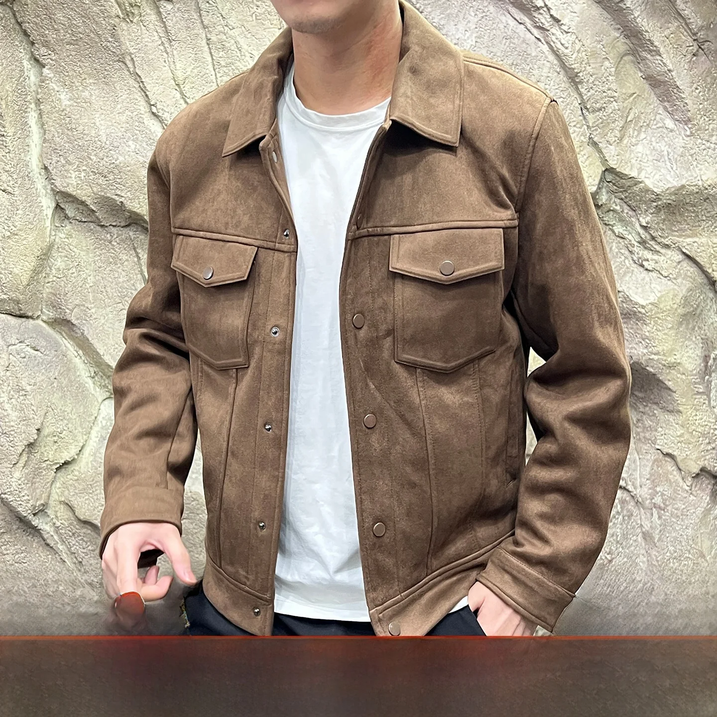 

Waed Suede Jaet Collar Busin Adstration Men's Faion Autumn Outerwear Stand Fit Pure Color Polyester Fiber