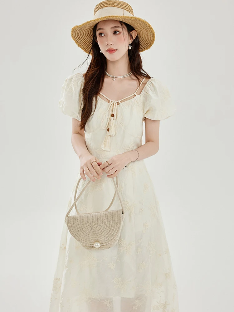 Damesmode jacquard strik vierkante kraag lange jurk zomer bladerdeeg mouw elegante luxe jurk 2025, Koreaanse vintage festivaljurken