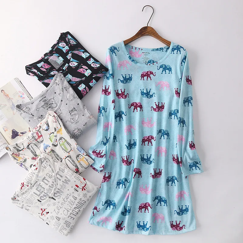 Spring Summer Women Casual Cartoon Sleep Dress Ladies Soft Cotton Nightgown Female Long Sleeve Plus Size Home Sleepshirt