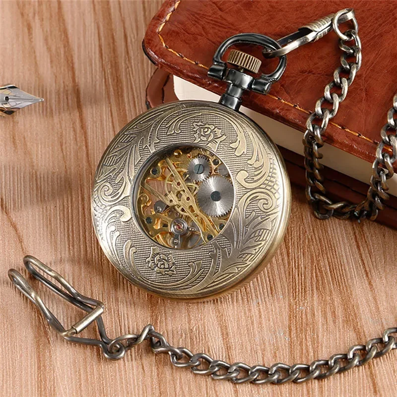 Vintage Unisex Mechanical Hand Winding Skeleton Pocket Watch Roman Numeral Dial Fob Pendant Chain Open Face Clock