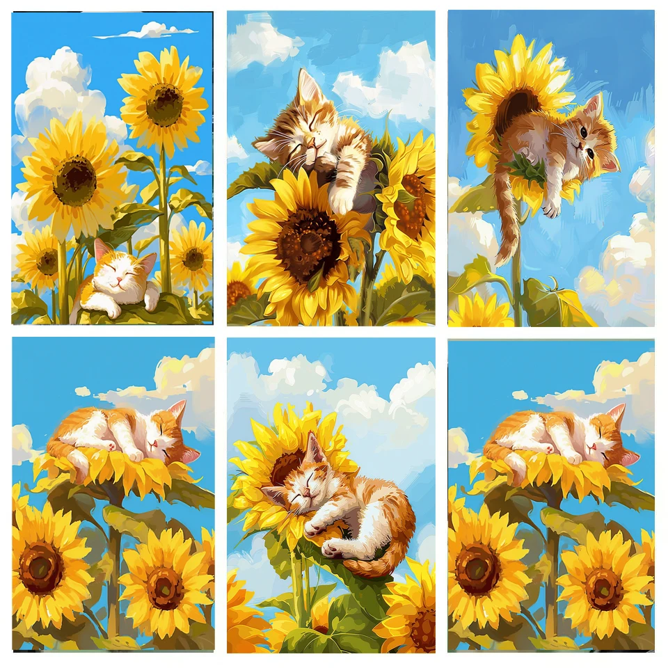 Hand Painting Cartoon Flower Sunflower Cat Landscape Painting By Numbers Kit DIY Artwork Canva Art GiftHome Decoration Gift